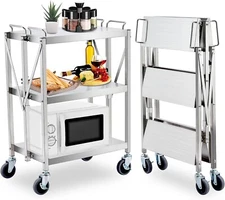 Foldable Service Cart Utility Cart w/ Wheels Lockable 400Lbs 3-Tier Shelf Carts