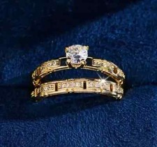 Lab Created Diamond 14K Yellow Gold Plated Wedding Bridal Ring Set 2Ct Round Cut