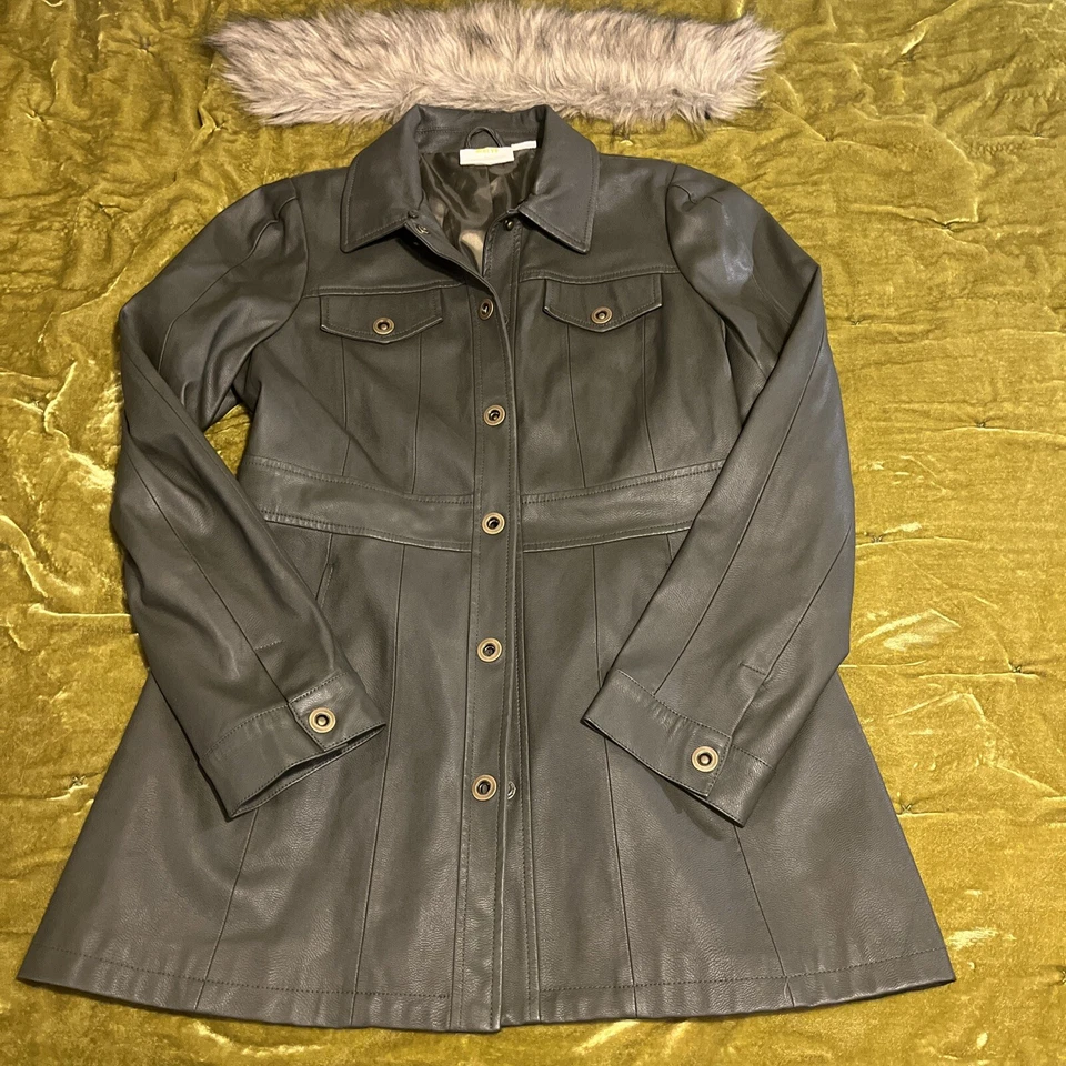 Chaqueta Abrigo Anthropologie Maeve Kellie Cuero Vegano Midi Retro Gris Verde Talla 4 Foto 3 de 4
