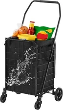 Folding Shopping Cart W/ Liner Stair Climber Cart 360° Swivel Wheels for Storage