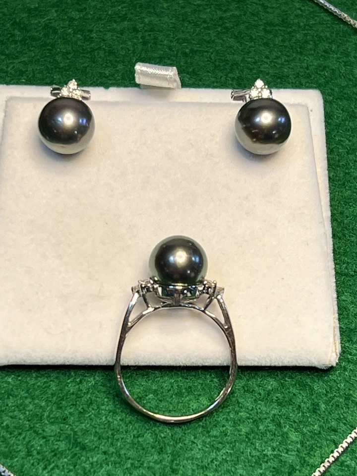 Tahitian Pearl & Diamond Ring w/ Earring Pendent Set - 14k Gold necklace Set - Image 4 of 4