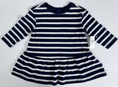 Old Navy Baby Girl s Shirt Dress L/S Striped Drop-Waist Navy Blue White NWT
