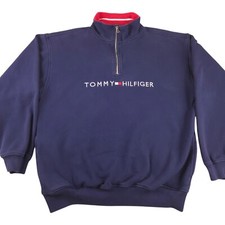 Vintage 90s Tommy Hilfiger Mens Large Blue Sweatshirt 1/4 Zip Pullover Spellout