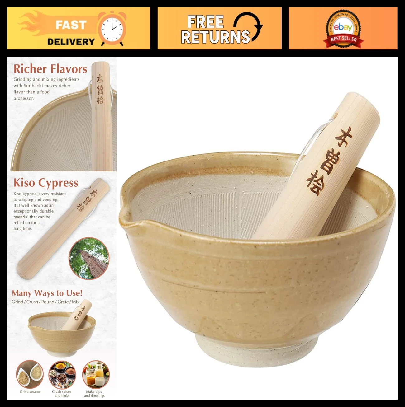 Ceramic Ripple Ridge Mortar & Pestle Set with Spout - Japanese Mino Ware, Brown