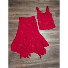 I.C.E. Vintage Rare Red 100 Silk Beaded 2 Piece Skirt Set Fairycore M