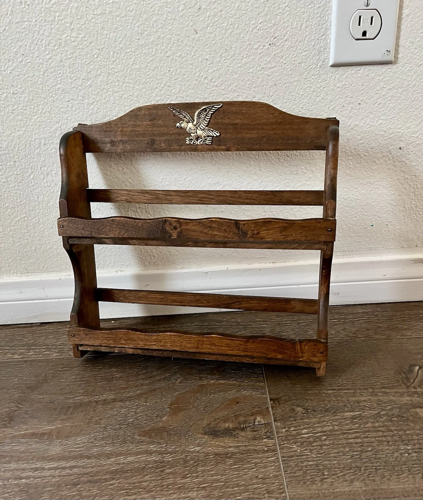 Rustic Brown Wooden Wall Shelf with Eagle Motif