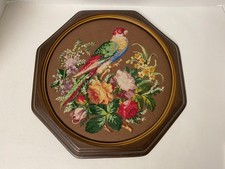 Vintage Framed Needlepoint Colorful Bird Flowers Octagonal Frame Pretty