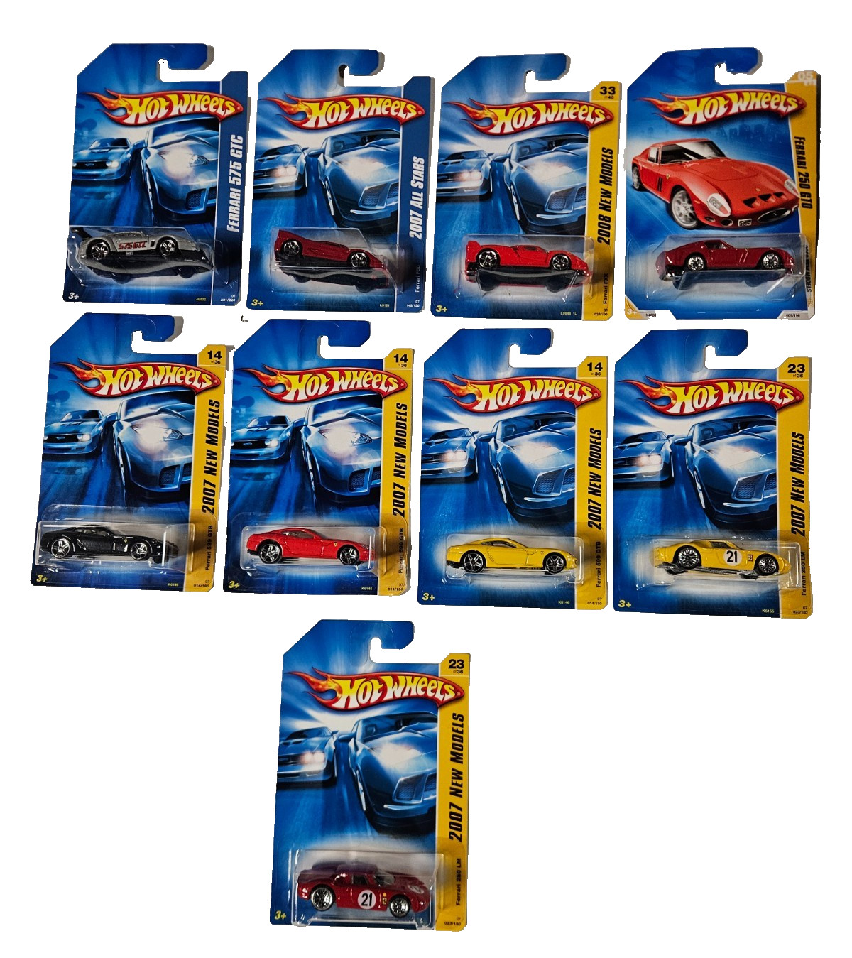 9 Hot Wheels Ferrari 2007-2009 599 GTB F50 FXX 250LM + CASE FRESH