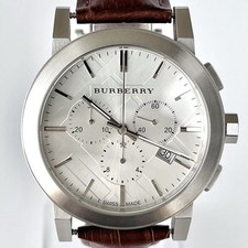 BURBERRY BU9355 Quartz Chronograph Watch Silver Dial Leather 43 mm