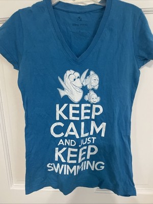 Disney Pixar Dory Finding Nemo T-Shirt Top Size S Ladies Blue V-Neck Keep Calm