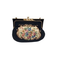 VTG Art Deco Petit Point Floral Needlepoint Purse Enamel Jewel Clasp 8x6