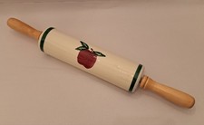 Vtg Wood Handles Porcelain County Farmhouse Red Apple Rolling Pin 18 1/2"