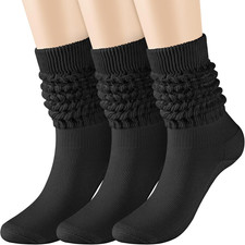 3Pc Womens Black Slouch Socks Knee High Scrunch Leg Warmers Polyester Blend 5-11