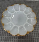 Vintage White Milk Glass Deviled Egg Plate Gold Trim Scalloped Oyster