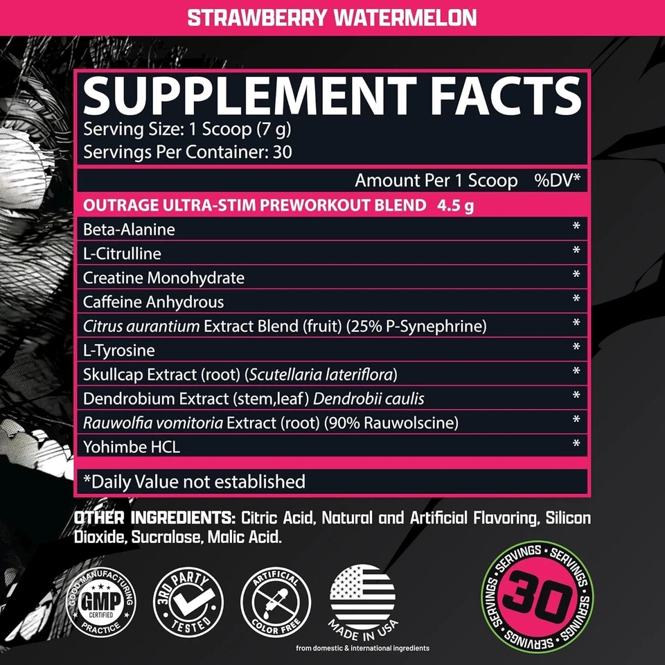 Polvo preentrenamiento Outrage Ultra HIGH STIM para hombres | 400 mg de cafeína, L-citrul Foto 4 de 4