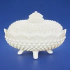 Vintage Fenton White Milk Glass Hobnail Footed Covered Candy Dish 7”L *READ*