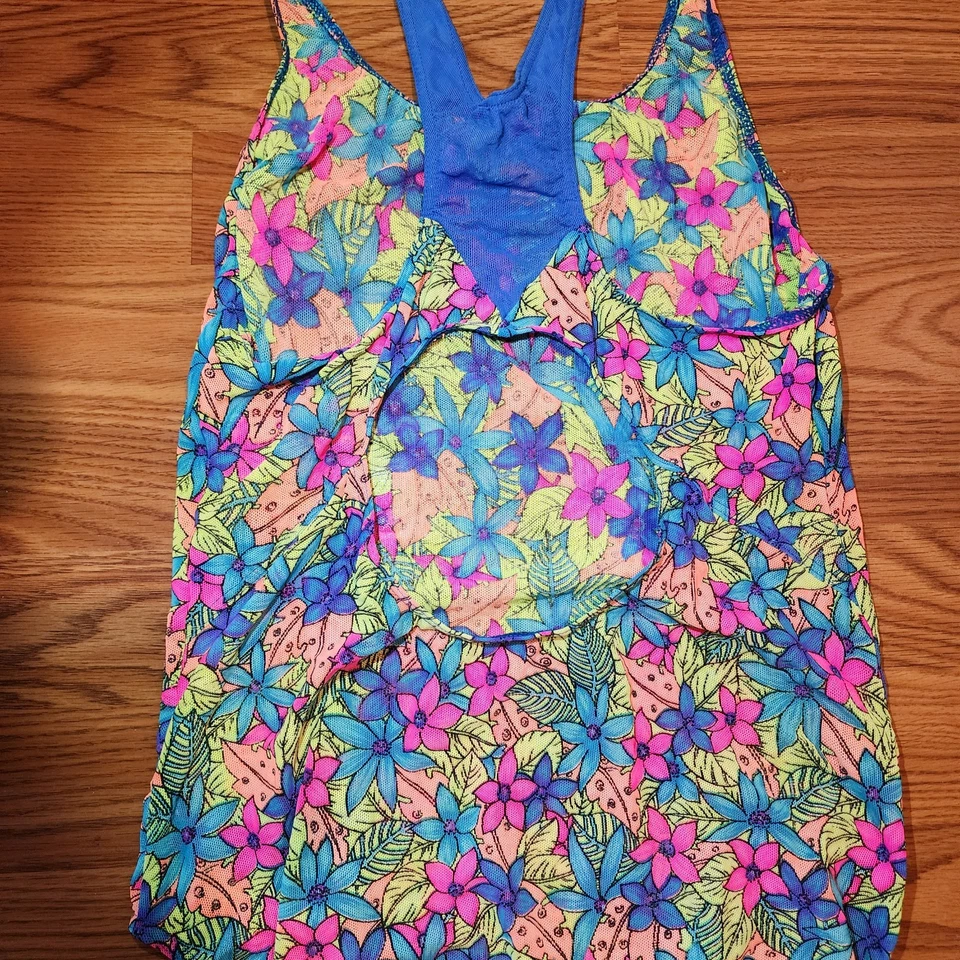 Traje de baño solar vintage años 90 bronceado a través de 13/14 flores neón malla ligera Foto 4 de 4