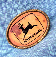John Deere Logo Belt Buckle Leather Inlay Tractors Vtg 70s Spec Cast .SHY893