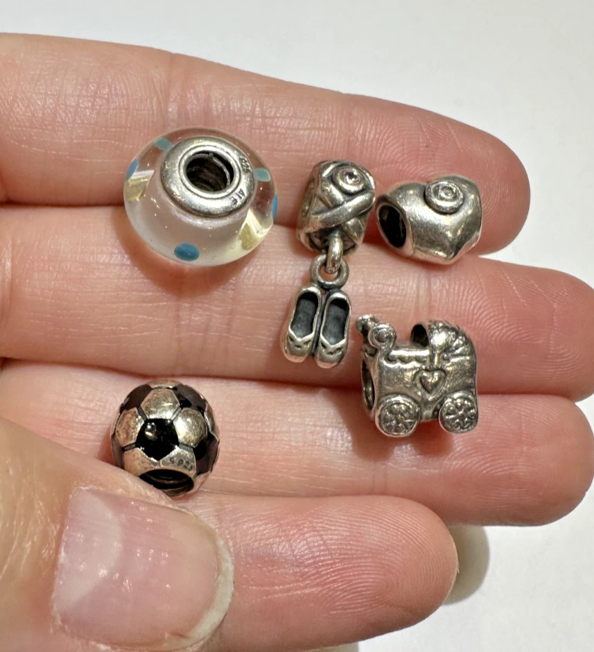 PANDORA Ale Argento 925 Murano Vetro Calcio Sfera Balletto Cuore Baby5 Charm Lot - Immagine 3 di 4