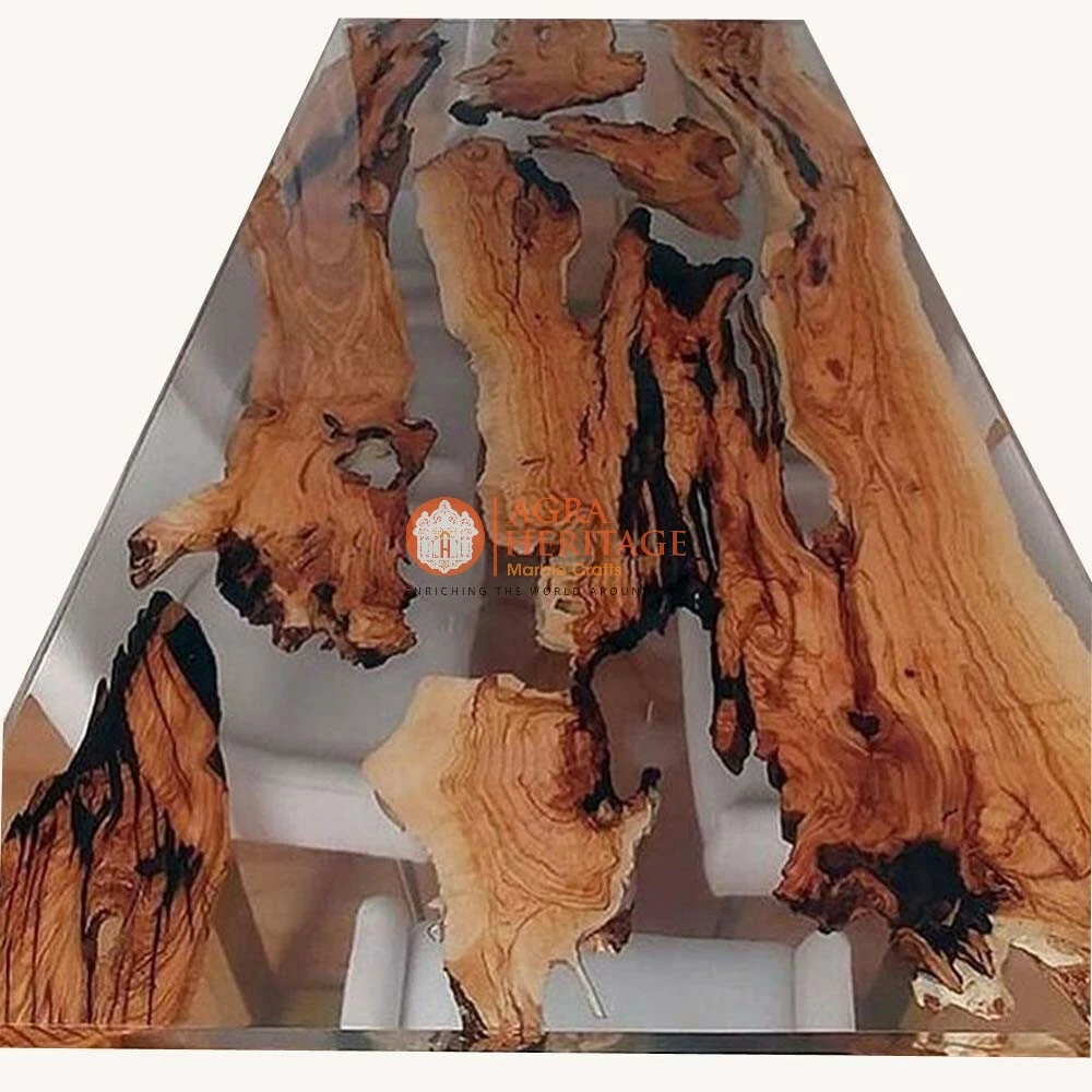 Tint Black Epoxy Resin Acacia Wooden Table Hallway Restaurant