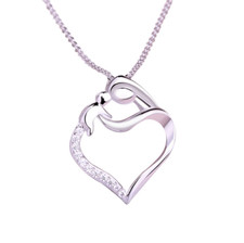 925 Sterling Silver Mother and Child Love Heart Pendant Necklace Chain 18" PE38