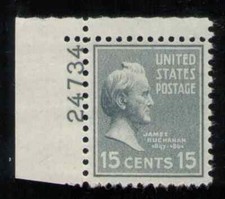 US. 820. 15c. James Buchanan, Presidential. Single Pl# 24734 UL. MNH. 1938