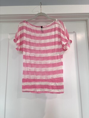 Vintage 1990s Y2K E-Klah Pink & White Short Sleeved Open Knit Top Size M or L?