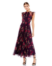 Mac Duggal FLORAL FLUTTER SLEEVE MIDI DRESS Plum Floral Multi Size Small
