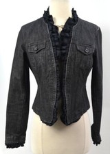 INC International Concepts Blazer Black stretch Jean Jacket Coat ruffle SZ P NEW