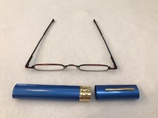 Compact Reading Glasses Blue Aluminum Tube Case Spring Hinge Readers