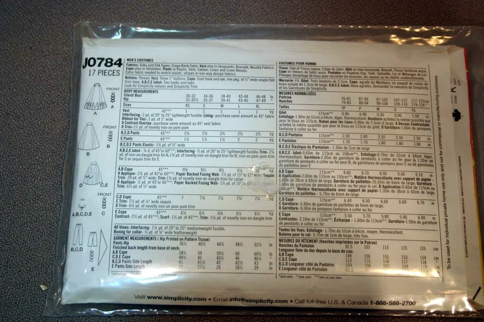 Mens New COSTUME Pattern UNCUT Simplicity XS S M Sewing Cape Devil Wizard Pirate - Image 3 of 4