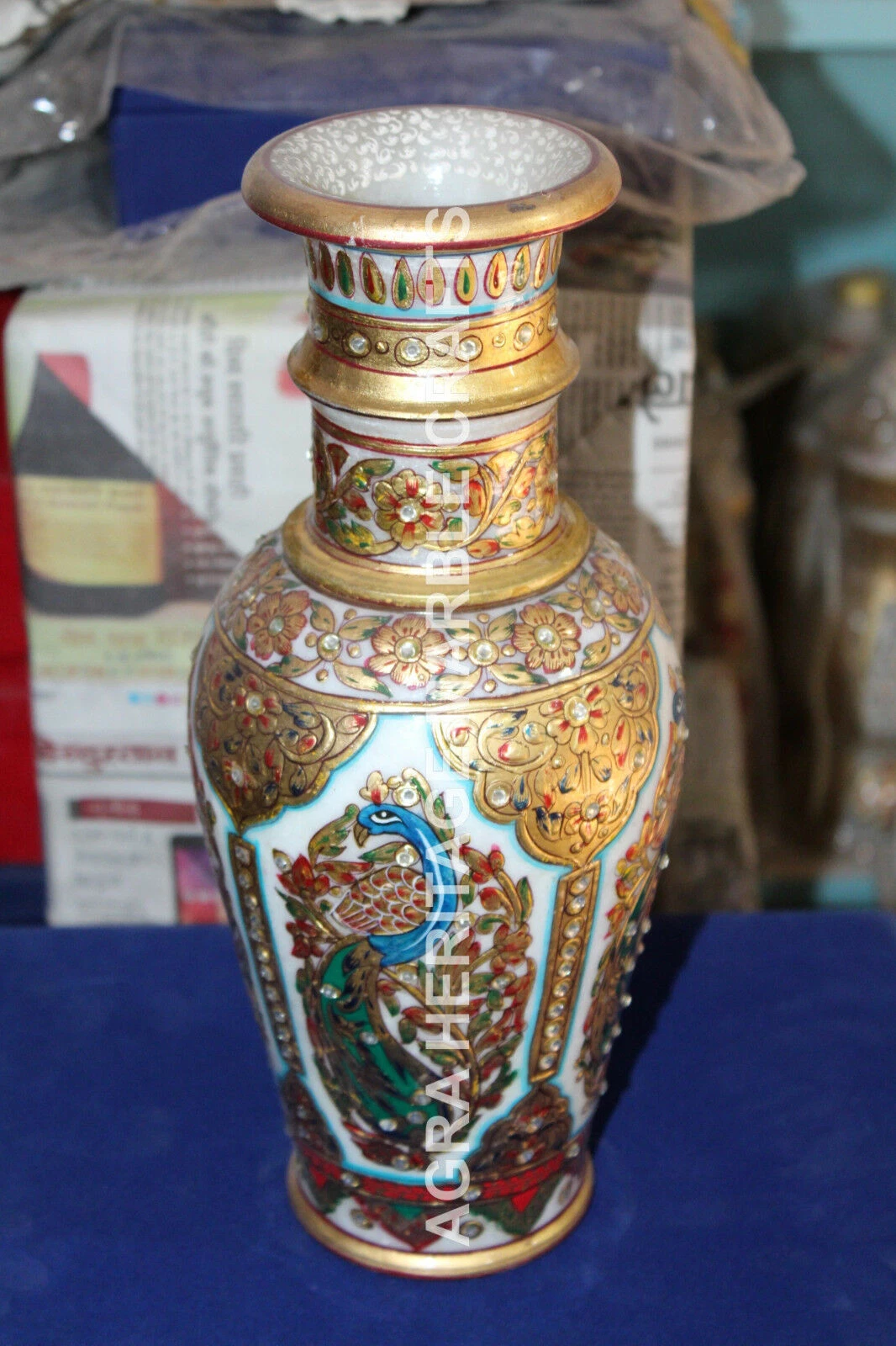14" Indian Classic Marble Flower Pot Multi Peacock Golden Hand Painted Art H5726