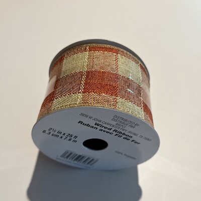 New Celebrate It ORANGE TAN PLAID Halloween Wired Ribbon 2.5 x25  Fall Craft