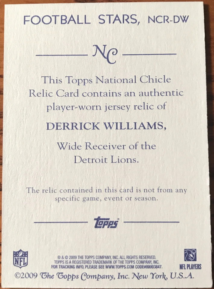 2009 Topps National Chicle Relics Derrick Williams NCRDW Detroit Lions - Image 2 of 2