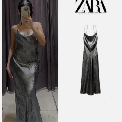 ZARA NEW WOMAN SILVER SATIN EFFECT SLIP DRESS Size L XXL REF:8496