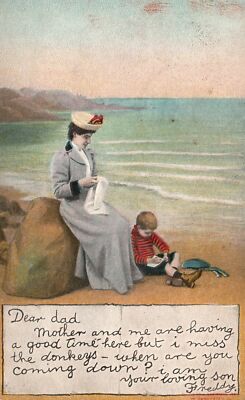 Dear Dad Mother and Me Are Having Good Time Letter Art Antique Postcard 1909
