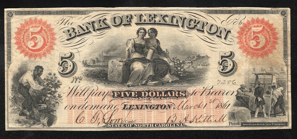 1861 $5 Bank of Lexington NC Obsolete Civil War Note North Carolina Currency