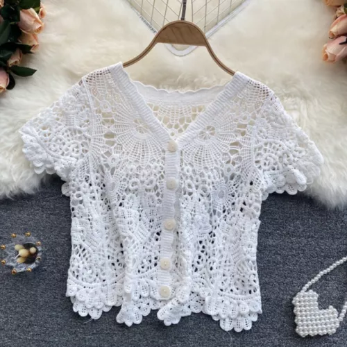 Cardigan bolero donna uncinetto spalle scoperte maglia pizzo crop top copricostume - Foto 4 di 15
