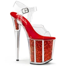 PLEASER FLAMINGO-808G Sexy Clear Red Glitter 8" Heel Platform Ankle Strap Sandal