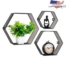 Floating Hexagon Wall Shelves Set of 3 Modern Decor Storage Mesh Black New
