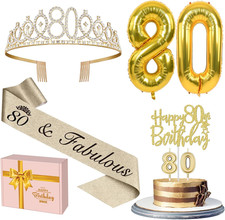 80Th Birthday Decorations for Women Gold with 80Th Birthday Sash and Tiara, Cake