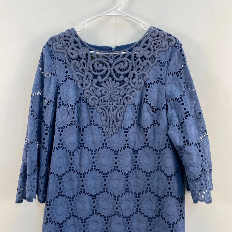 MUSE Womens 14 Dress Blue Woven Embroidered 3/4 Sleeve Zip Back Knee Length - Image 2 of 4