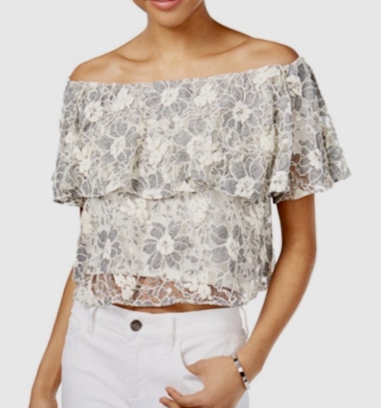 Rachel Rachel Roy, Lace Off-Shoulder, Crop Top, Gray/ White, Size XL NEW