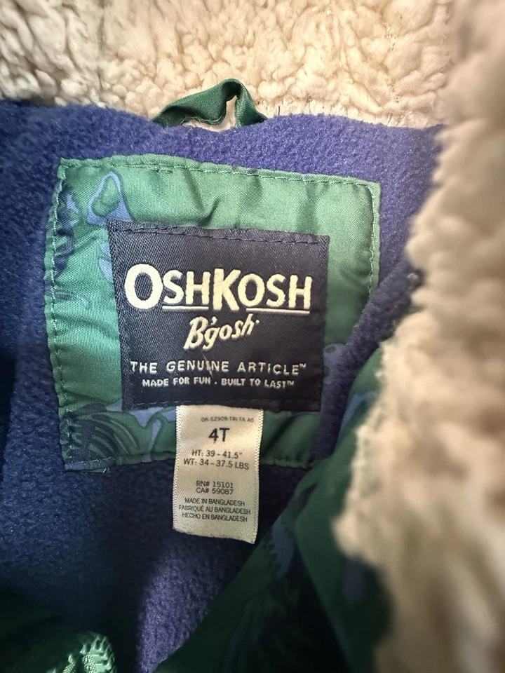Osh Kosh B'Gosh 4T динозавр зимнее пальто флис с подкладкой зеленый/синий - Изображение 3 из 3