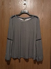 Fred David Top XL Black Striped Cap Long Sleeves Crochet Accent Pullover
