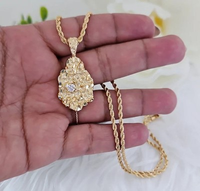 14K Gelbgold Über Diamantnugget Anhänger Mit 24'' Kettenhalskette Für Herren