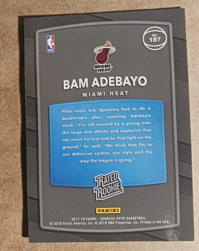 2017-18 Donruss Optic Rated Rookie Bam Adebayo RC Miami Heat #187 - Picture 2 of 2