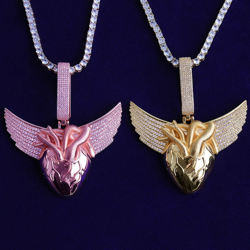 Colar Pingente 5AAA+ CZ Ice Out Hop Hip Bling HEART WING Banhado a Ouro 14k Real - Imagem 4 de 4