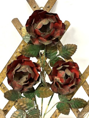 Vintage Copper Brass Roses on Lattice Butterfly Brutalist Metal Flower Art Decor