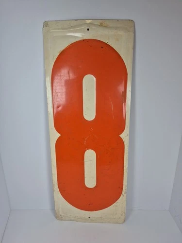 Vintage Embossed Metal Number 8 Gas Station Sign Large 23.5" X 9" Orange & White